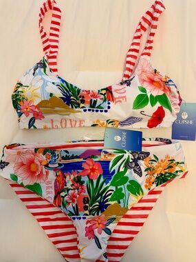 Cupshe “Not The Destination” Tropical Floral & Red Stripe Bikini Set